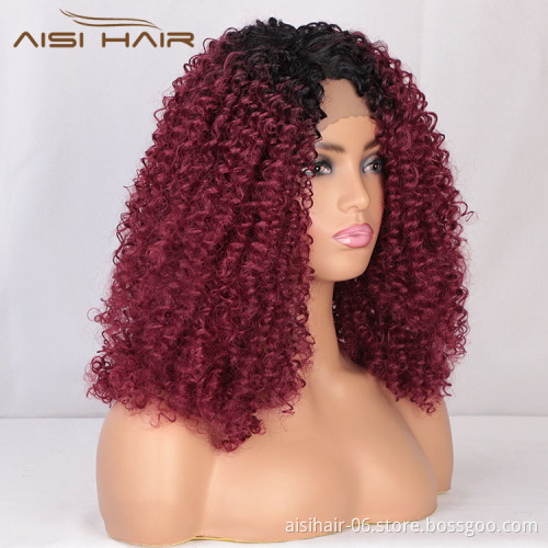 Aisi Hair Medium Long Afro Kinky Curly Wig Cosplay Ombre Red Swiss Lace Synthetic Wig Lace Frontal Hair Wigs For Black Women